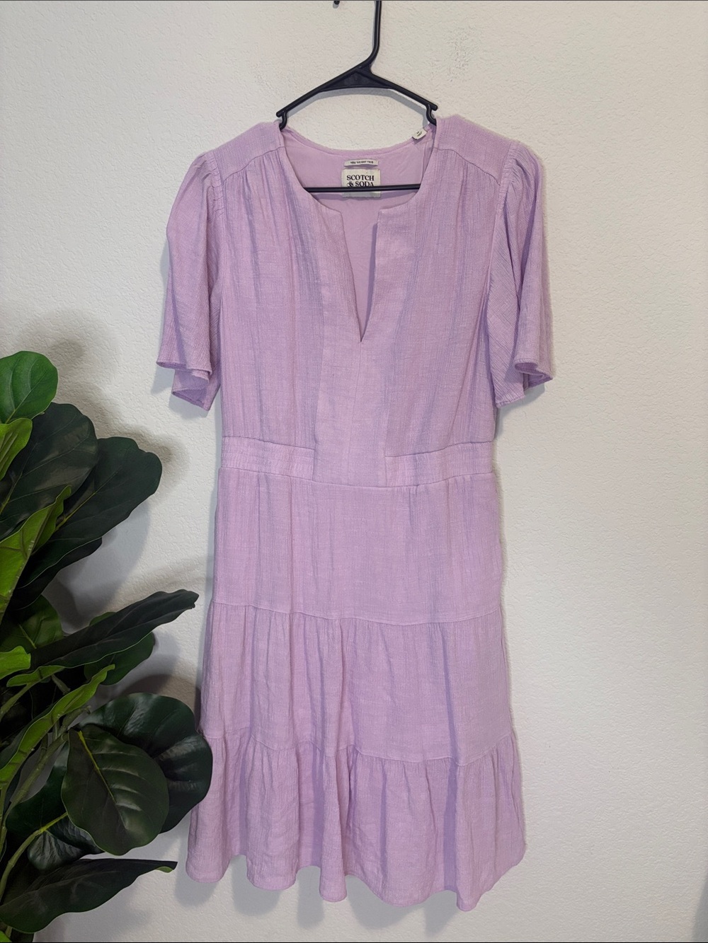 Scotch and Soda Medium Lilac Tiered split V-Neck Dress with flutter sleeves